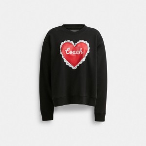 Black Coach Heart Crewneck Sweater Women Tops | 532KHZIOL