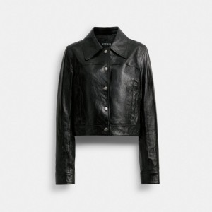 Black Coach Patent Leather Jacket Women Jackets & Outerwear | 457PJWNVQ