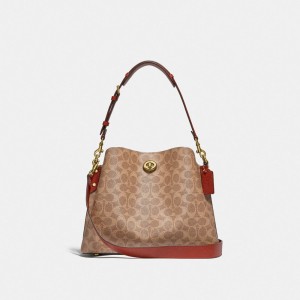 Brown / Red Coach Willow Shoulder Bag In Signature Canvas Women Shoulder Bags & Hobos | 084QIUOHK