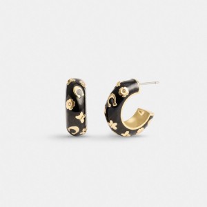 Gold / Black Coach Enamel Signature Floral Huggie Earrings Women Jewelry | 276VOKJUR