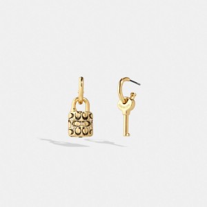 Gold / Black Coach Quilted Padlock Key Mismatch Earrings Women Jewelry | 860HPFOVY