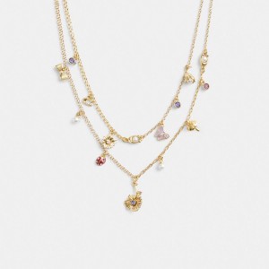 Gold / Multicolor Coach Garden Charms Layered Necklace Women Jewelry | 267UBDTKJ