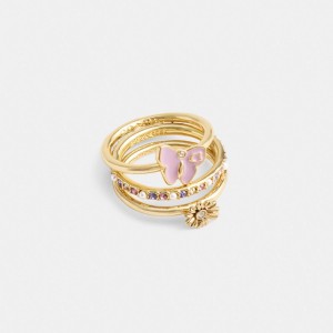 Gold / Multicolor Coach Garden Charms Ring Set Women Jewelry | 945ODSUQW