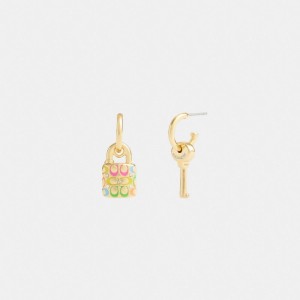 Gold / Multicolor Coach Rainbow Quilted Padlock Key Mismatch Earrings Women Jewelry | 579IYHRNO