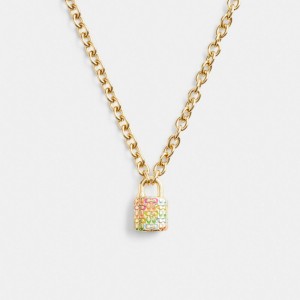 Gold / Multicolor Coach Rainbow Quilted Padlock Chain Necklace Women Jewelry | 749OAURSF