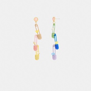 Gold / Multicolor Coach Safety Pin Charm Drop Earrings Women Jewelry | 259KCGNHP