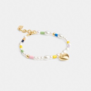 Gold / Multicolor Coach Signature Heart Beaded Pearl Bracelet Women Jewelry | 694SUIBHT