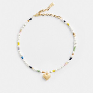 Gold / Multicolor Coach Signature Heart Beaded Pearl Choker Necklace Women Jewelry | 126NREXTO