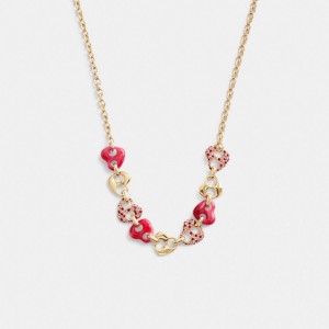 Gold / Pink Multicolor Coach Pavé Hearts Chain Link Necklace Women Jewelry | 172WMRBXU