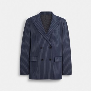 Navy/White Coach Double Breasted Blazer Women Jackets & Outerwear | 072GFPHRN