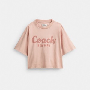 Pink Coach Cursive Signature Cropped T Shirt Women Tops | 682IDOHLW