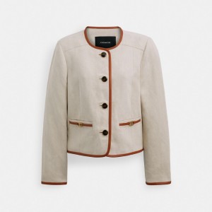 Saddle/Cream Coach Heritage C Canvas Cardigan Jacket With Leather Trim Women Jackets & Outerwear | 604ULGBFX