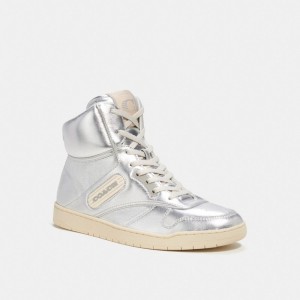 Silver Coach C202 High Top Women Sneakers | 196JMEGIT