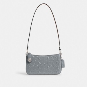 Silver / Grey Blue Coach Penn Shoulder Bag In Signature Leather Women Shoulder Bags & Hobos | 645LJPCUT