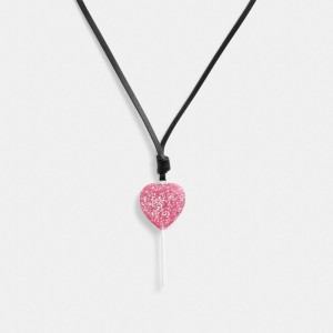 Silver / Pink Coach The Lil Nas X Drop Heart Lollipop Necklace Women Jewelry | 243IBWCRK