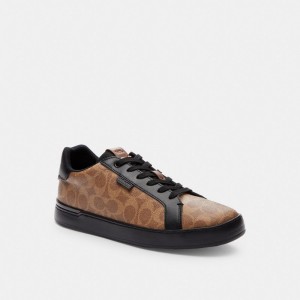 Tan/Black Coach Lowline Low Top In Signature Canvas Men Sneakers | 049BITCEP