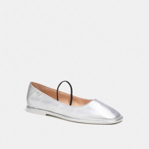 leather/Silver Coach Emilia Mary Jane In Silver Metallic Women Flats & Loafers | 358BZXAEQ