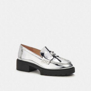 leather/Silver Coach Leah Loafer In Silver Metallic Women Flats & Loafers | 981NKUPEC