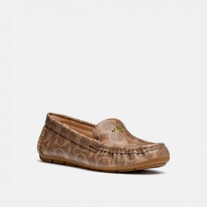 signature coated canvas/leather/Tan Coach Marley Driver Women Flats & Loafers | 749NQSTUJ