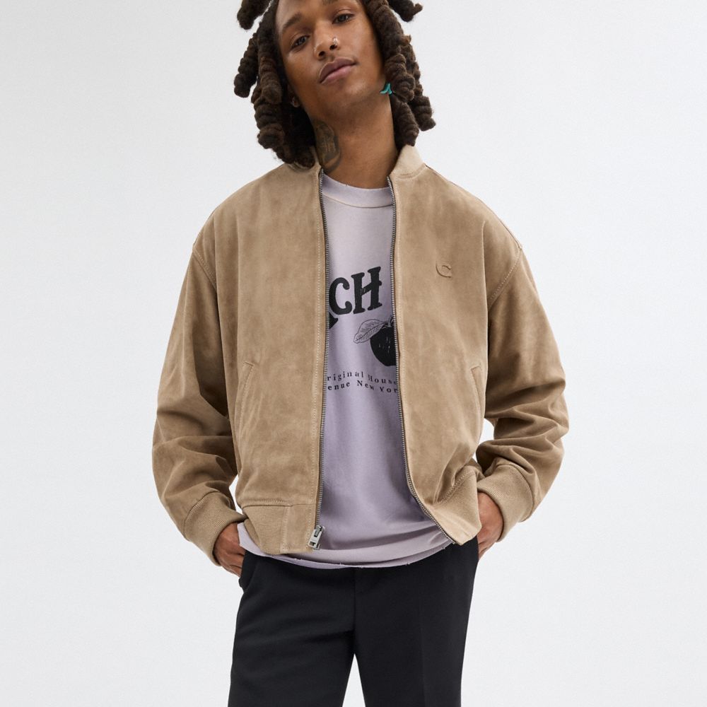 Beige Coach Lightweight Suede Jacket Men Jackets & Outerwear | 352DZAEXH