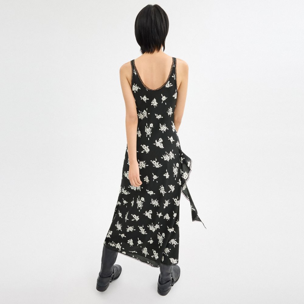 Black/White Multi Coach Long Floral Ruffle Dress Women Dresses | 639FDUKLB