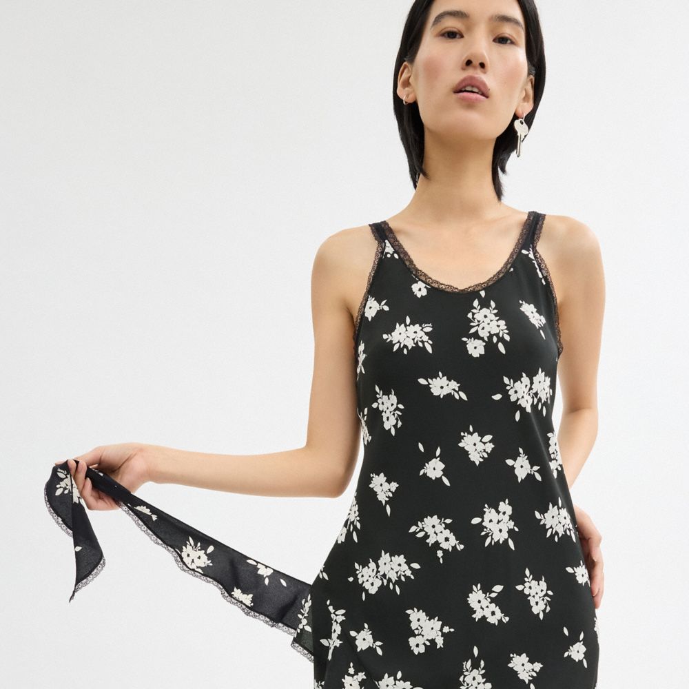 Black/White Multi Coach Long Floral Ruffle Dress Women Dresses | 639FDUKLB