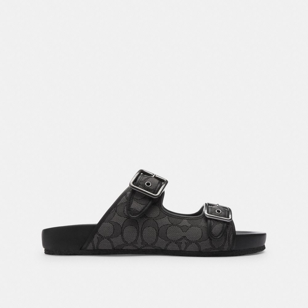 Black Coach Buckle Strap Sandal In Signature Jacquard Men Sandals & Slides | 974XTRBMN