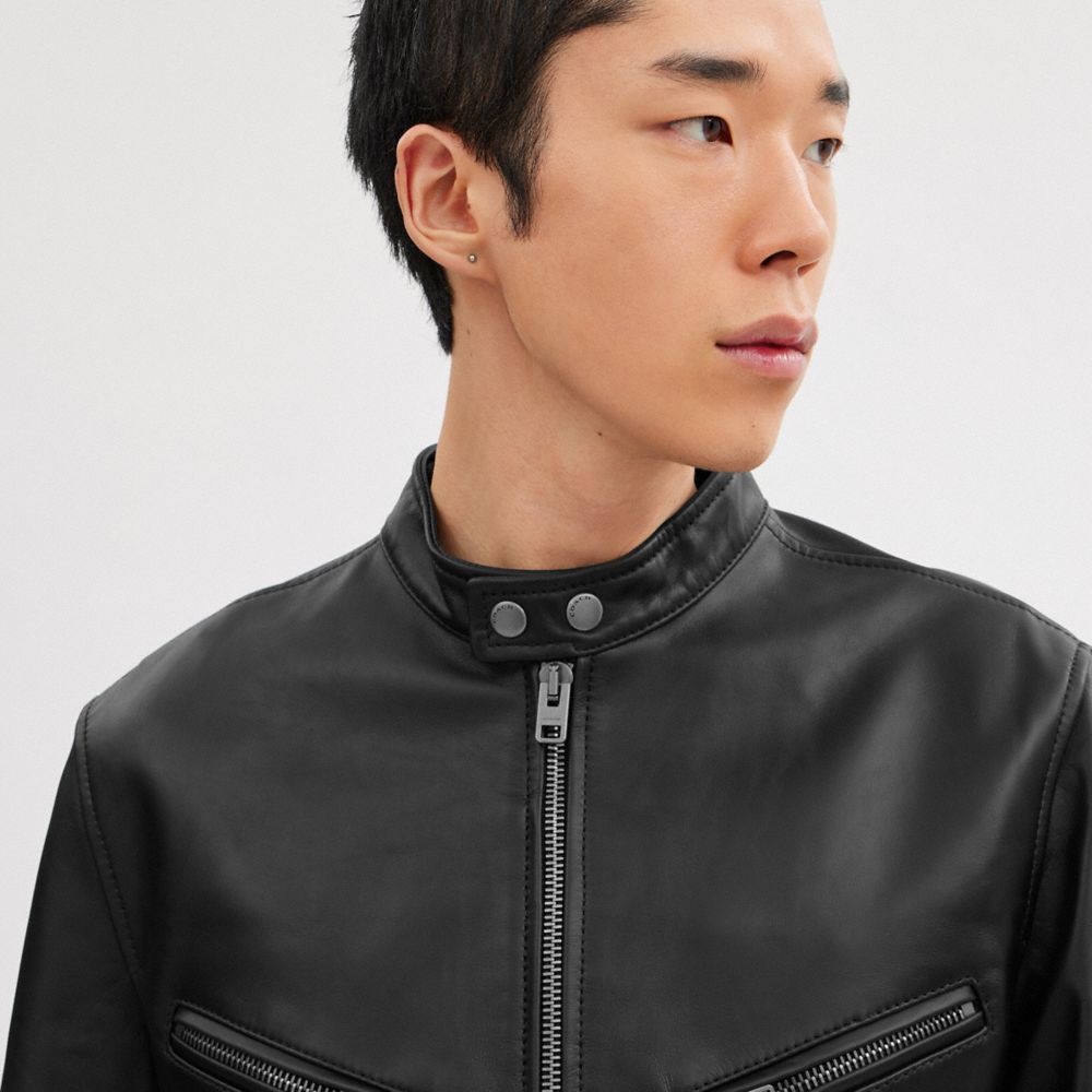 Black Coach Leather Racer Men Jackets & Outerwear | 095PERGQA