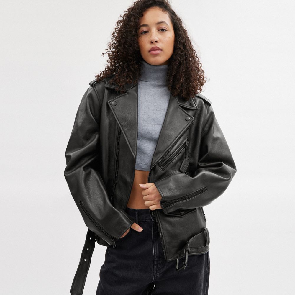 Black Coach Moto Jacket Women Jackets & Outerwear | 173QRBMTU