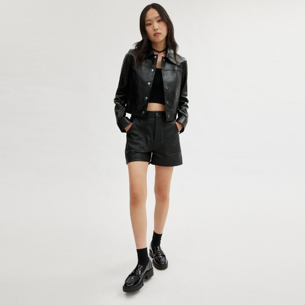 Black Coach Patent Leather Jacket Women Jackets & Outerwear | 457PJWNVQ