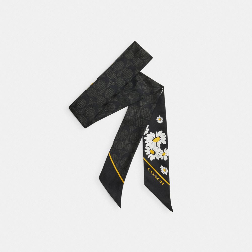 Black Coach Signature Daisy Cluster Print Silk Skinny Scarf Women Hats Scarves & Gloves | 563FEPHUX