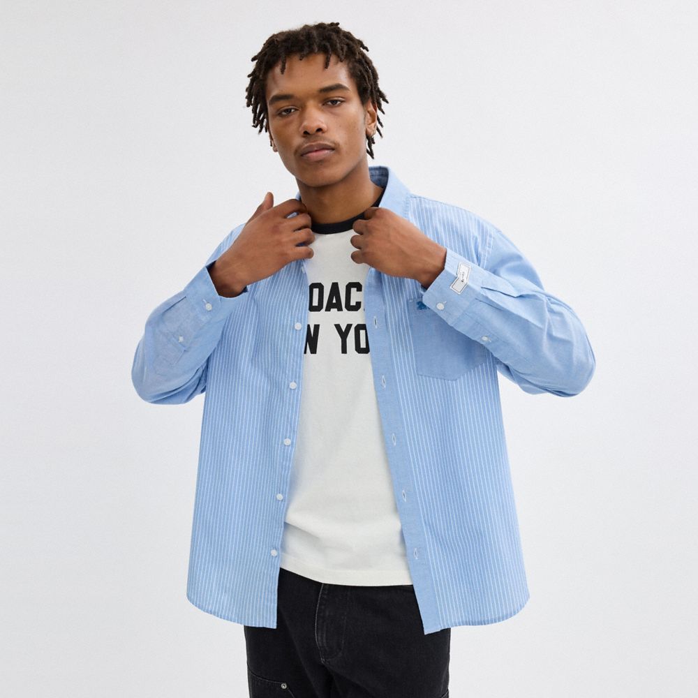 Blue/White Coach Mix Media Shirt Men Tops & Bottoms | 831DIJVEN