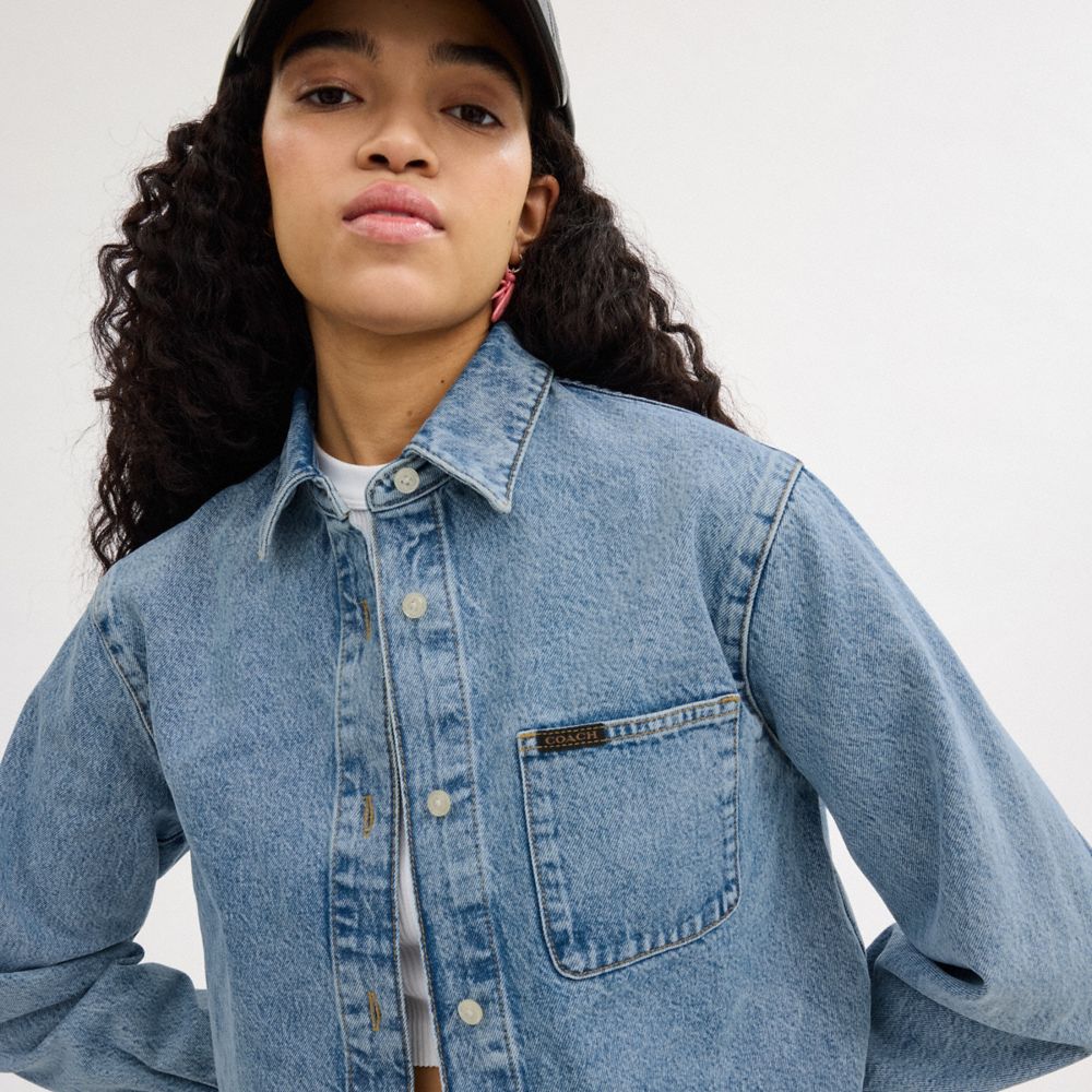 Blue Coach Cropped Denim Button Down Women Tops | 479KUOEDP