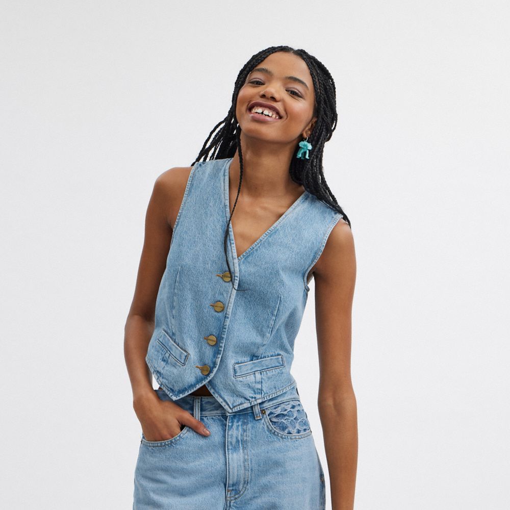 Blue Coach Denim Vest In Organic Cotton Women Tops | 126CVXZJO