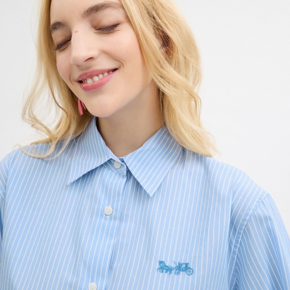 Blue Multi Coach Striped Cropped Button Up Shirt Women Tops | 042BFHWCK