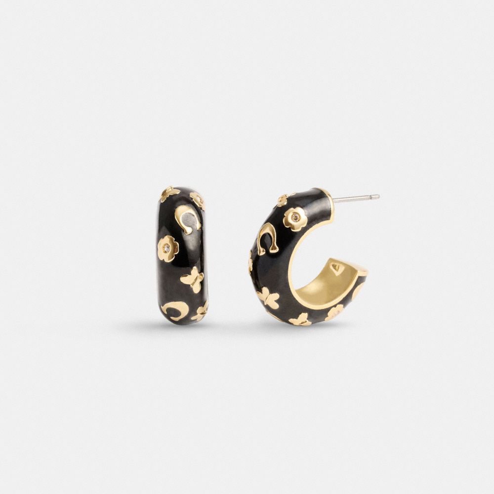 Gold / Black Coach Enamel Signature Floral Huggie Earrings Women Jewelry | 276VOKJUR