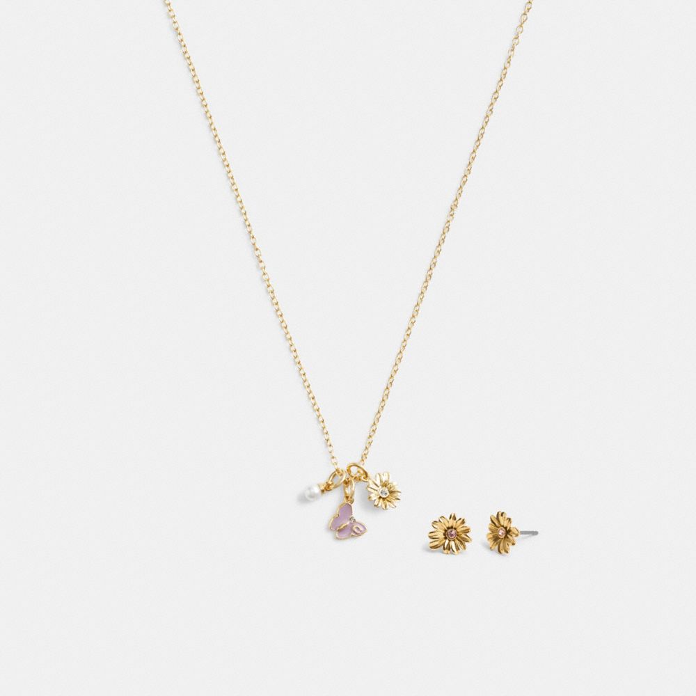 Gold / Multicolor Coach Garden Charms Pendant Necklace And Earrings Set Women Jewelry | 493NHWPGB