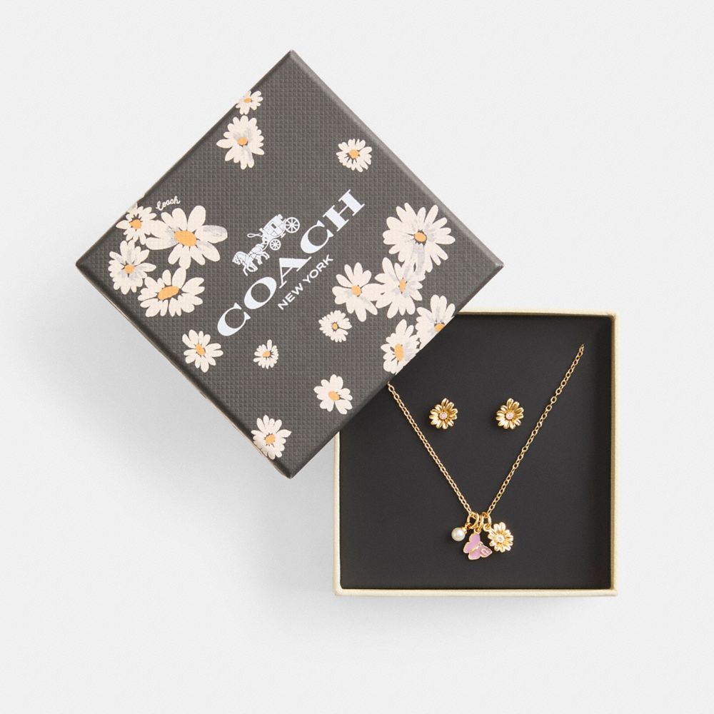 Gold / Multicolor Coach Garden Charms Pendant Necklace And Earrings Set Women Jewelry | 493NHWPGB