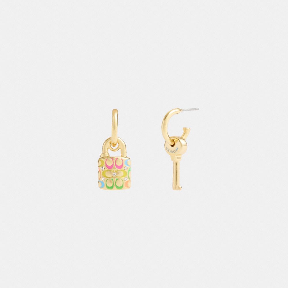 Gold / Multicolor Coach Rainbow Quilted Padlock Key Mismatch Earrings Women Jewelry | 579IYHRNO