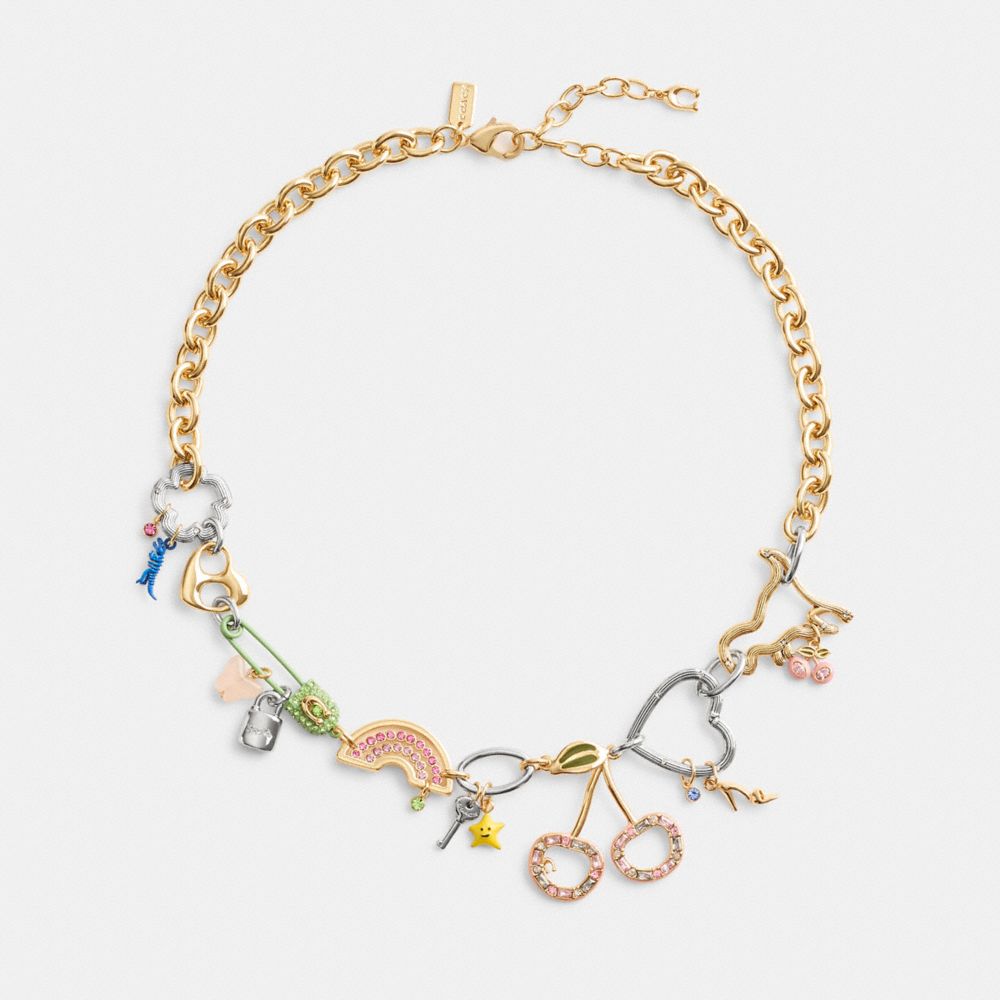 Gold / Multicolor Coach Safety Pin Charm Necklace Women Jewelry | 305PILCJF