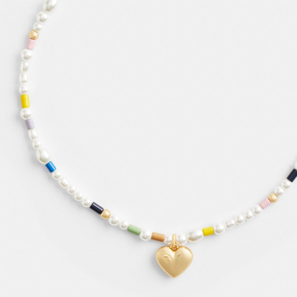 Gold / Multicolor Coach Signature Heart Beaded Pearl Choker Necklace Women Jewelry | 126NREXTO