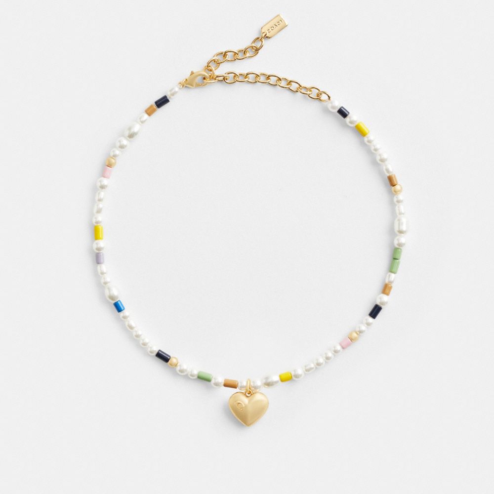 Gold / Multicolor Coach Signature Heart Beaded Pearl Choker Necklace Women Jewelry | 126NREXTO