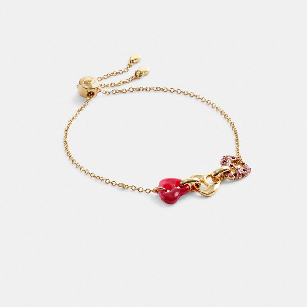 Gold / Pink Multicolor Coach Pavé Hearts Chain Link Slider Bracelet Women Jewelry | 658AJDQXZ