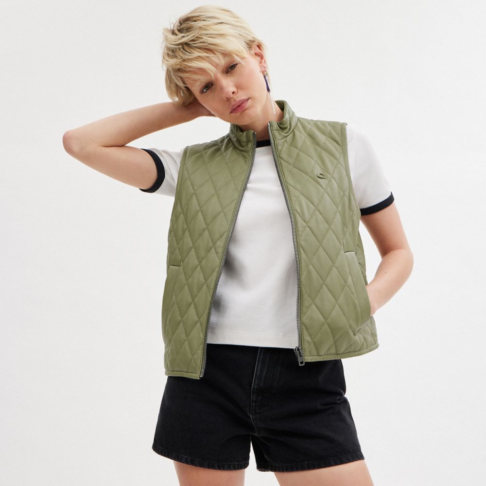 Green Coach Leather Quilted Vest Women Jackets & Outerwear | 723JWVCRK