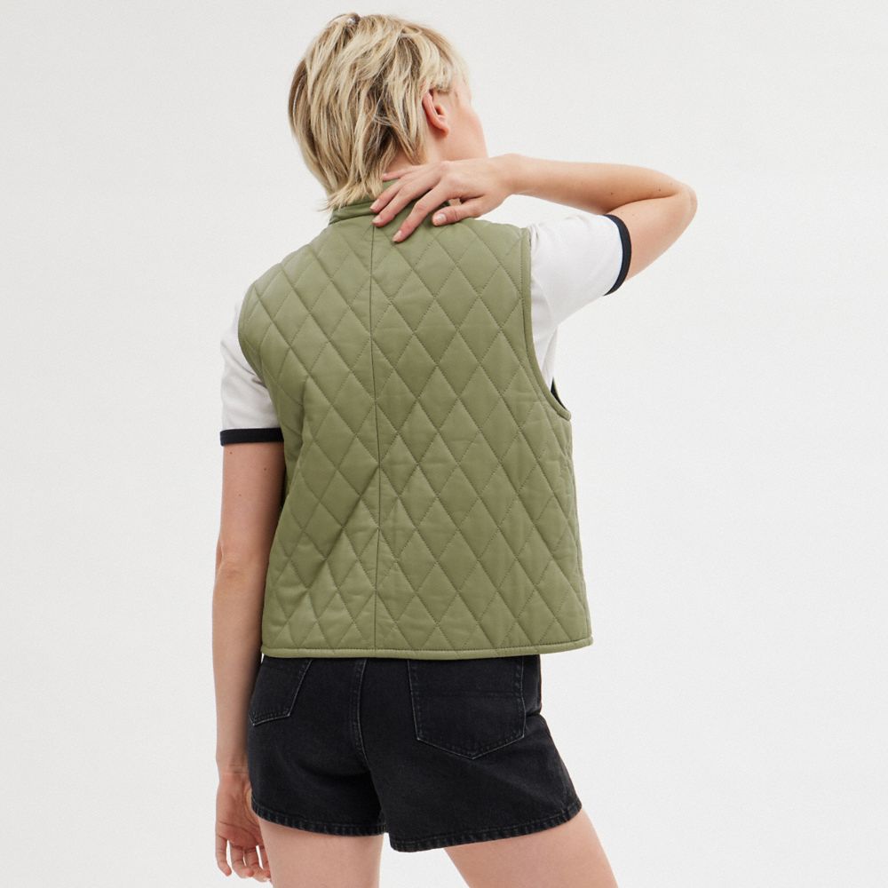 Green Coach Leather Quilted Vest Women Jackets & Outerwear | 723JWVCRK