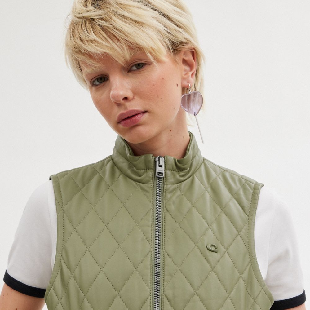 Green Coach Leather Quilted Vest Women Jackets & Outerwear | 723JWVCRK