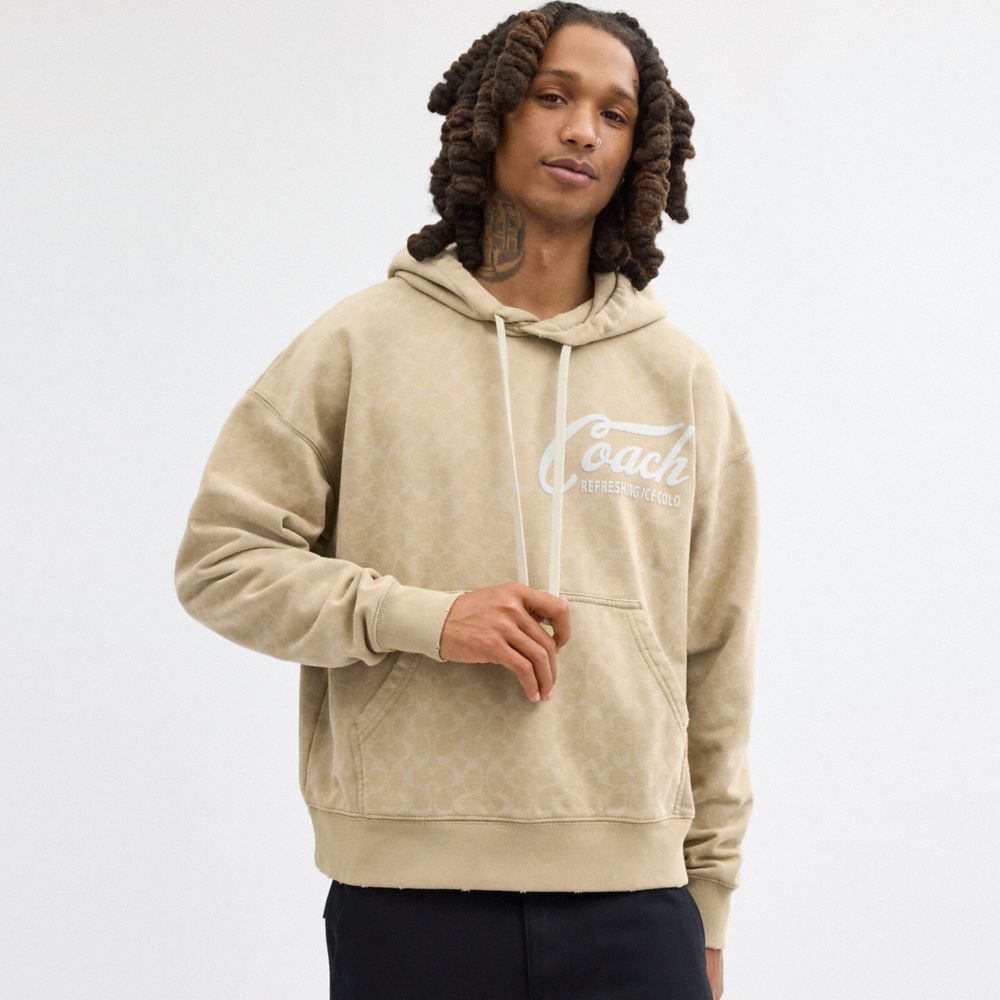 Khaki Coach Signature Long Sleeve Relaxed Americana Pullover Hoodie Men Tops & Bottoms | 032HRISQO