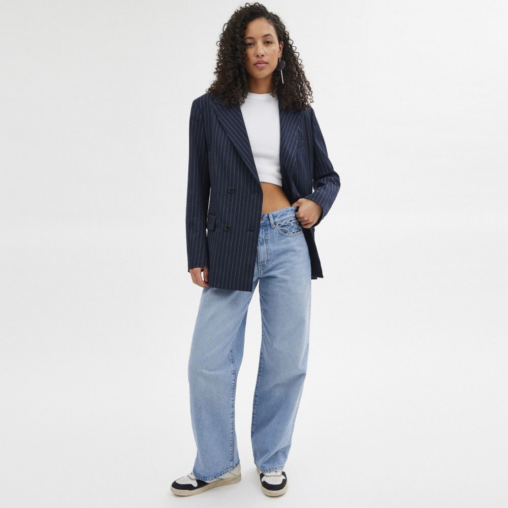 Navy/White Coach Double Breasted Blazer Women Jackets & Outerwear | 072GFPHRN