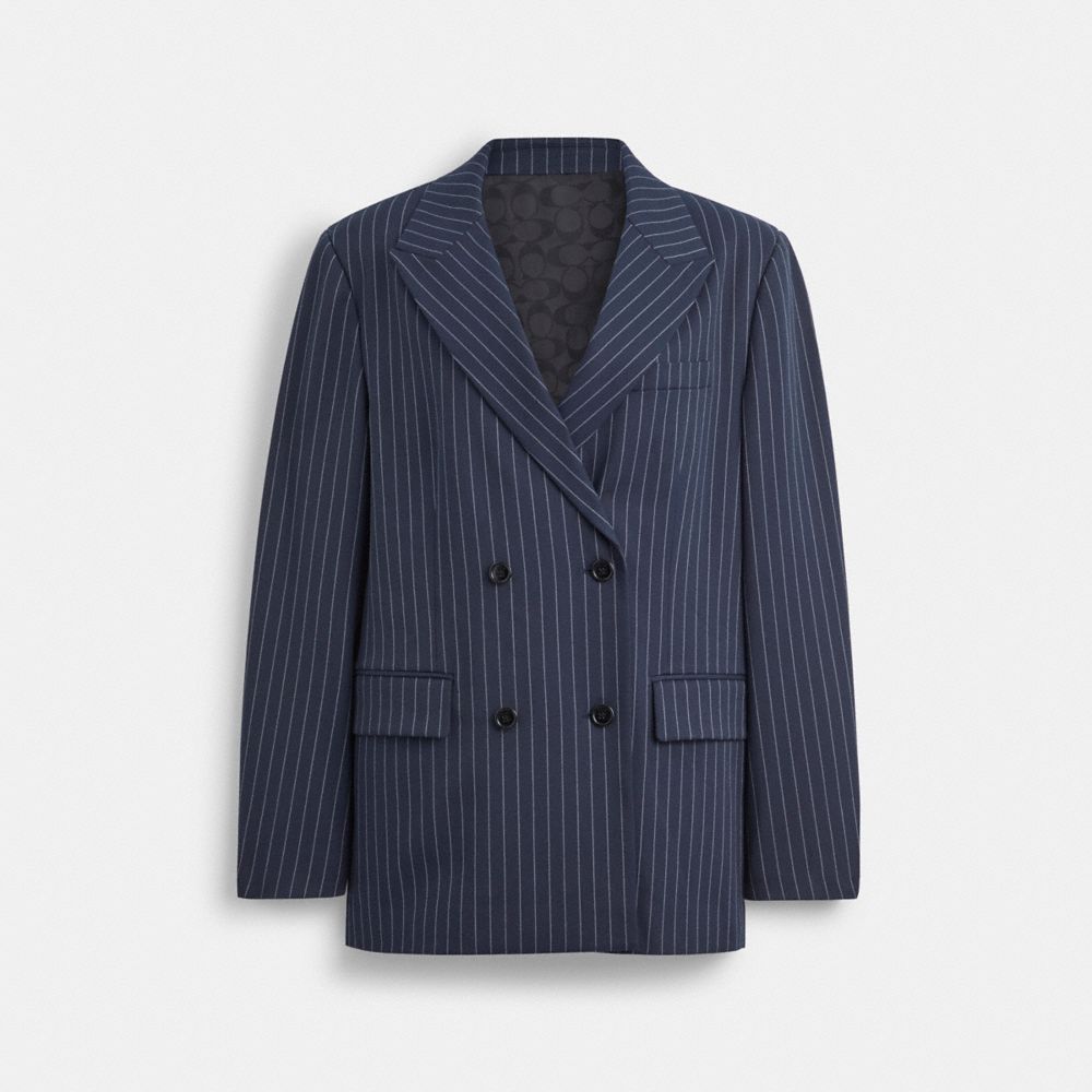 Navy/White Coach Double Breasted Blazer Women Jackets & Outerwear | 072GFPHRN