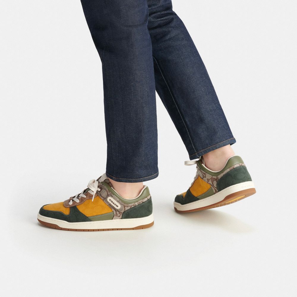 Oak/Buttercup/Amazon Green Coach C201 In Mixed Signature Fabric Men Sneakers | 569FEVSXY